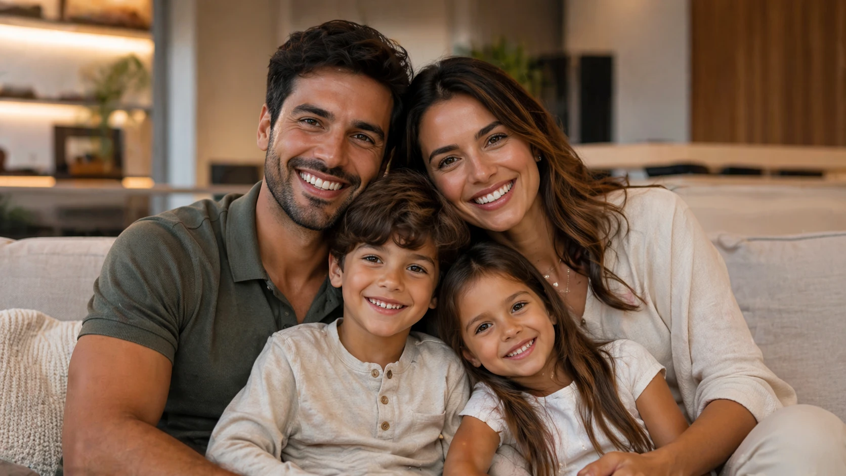 Família feliz com dois filhos olhando para a câmera e transmitindo sensação de proteção