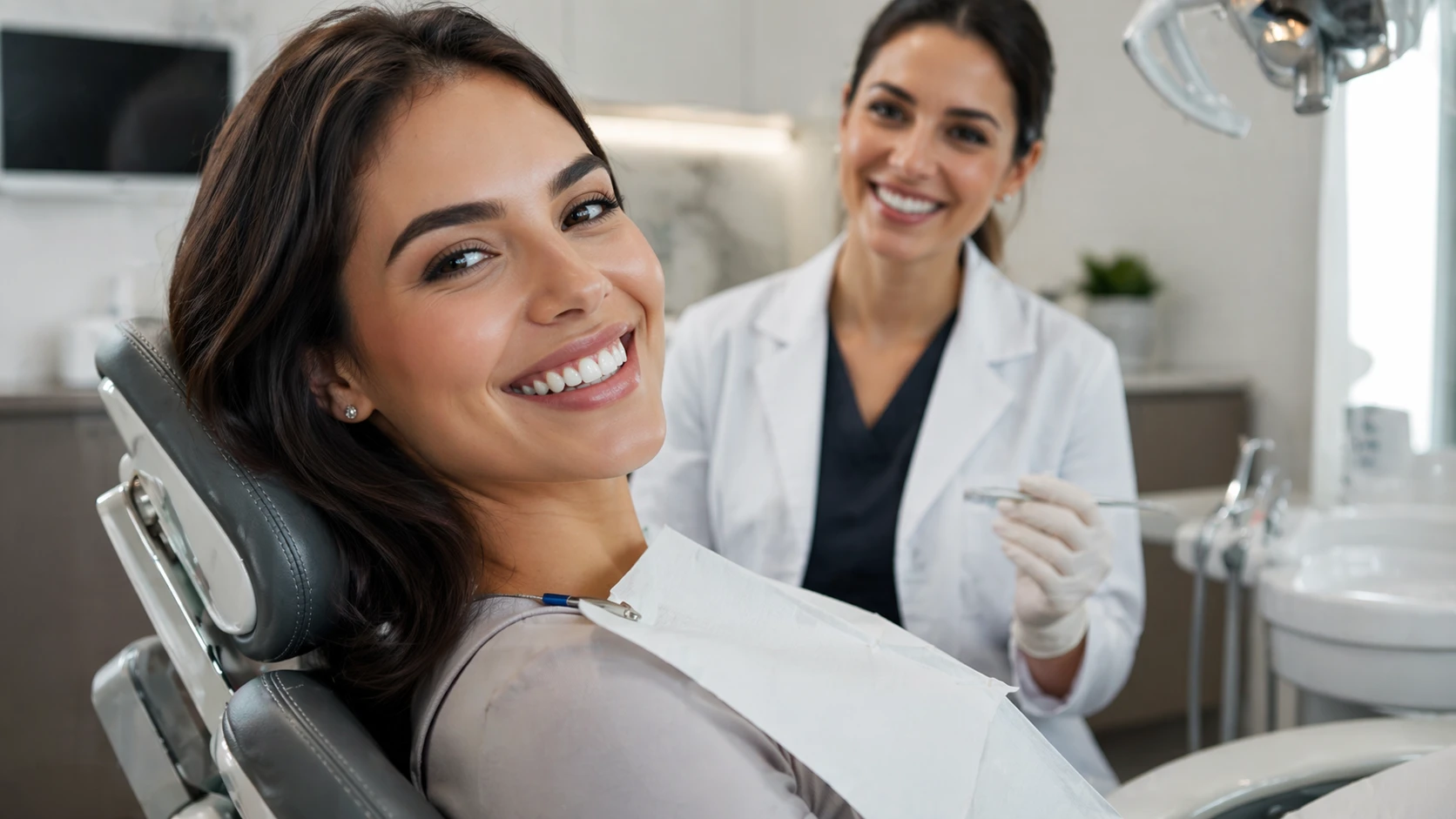 Mulher jovem sorrindo com dentes saudáveis em ambiente odontológico